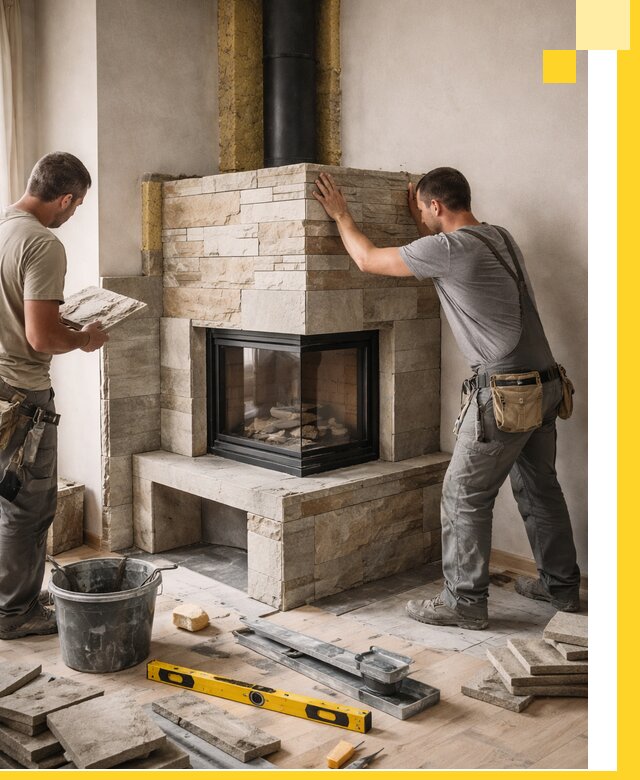 Угловые камины под ключ проект, монтаж и отделка в Киржаче